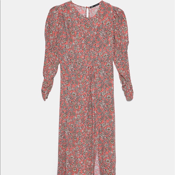 Zara FLORAL PRINTED DRAPED MIDI Flowy DRESS Long Sleeve Puff Shoulders Sz XS NEW - Picture 15 of 16